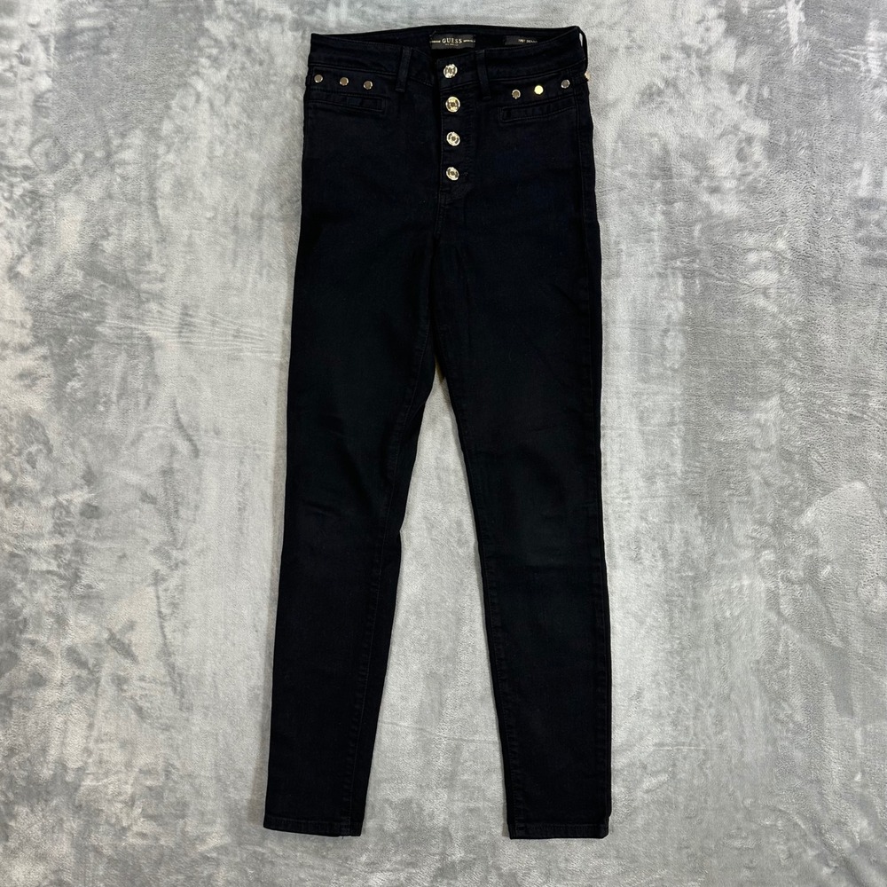 Guess‎ Skinny Jeans Women's Size 26 Black High Rise Studded Button Fly